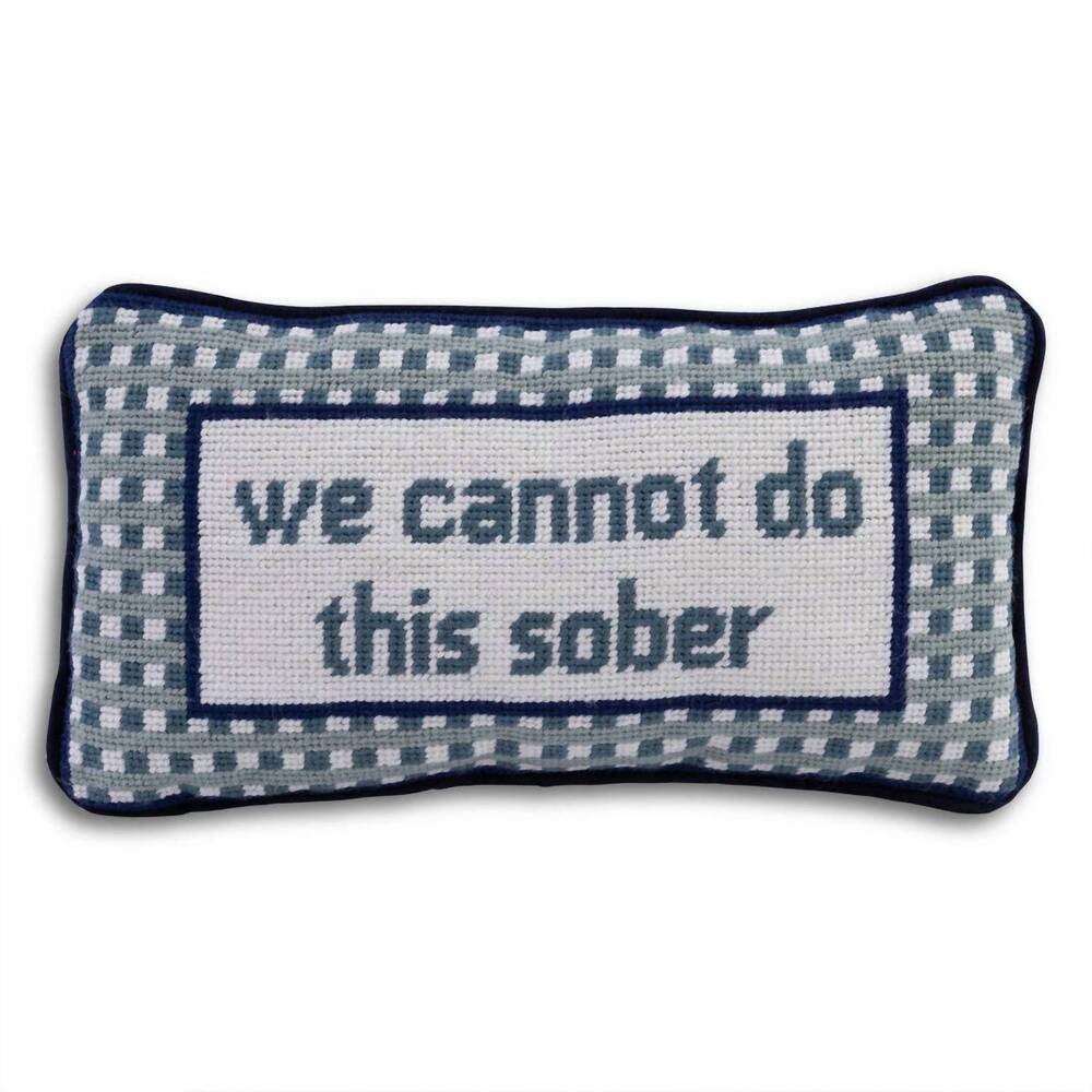 NEW FURBISH STUDIO we can't do this sober needlepoint pillow in blue & white
